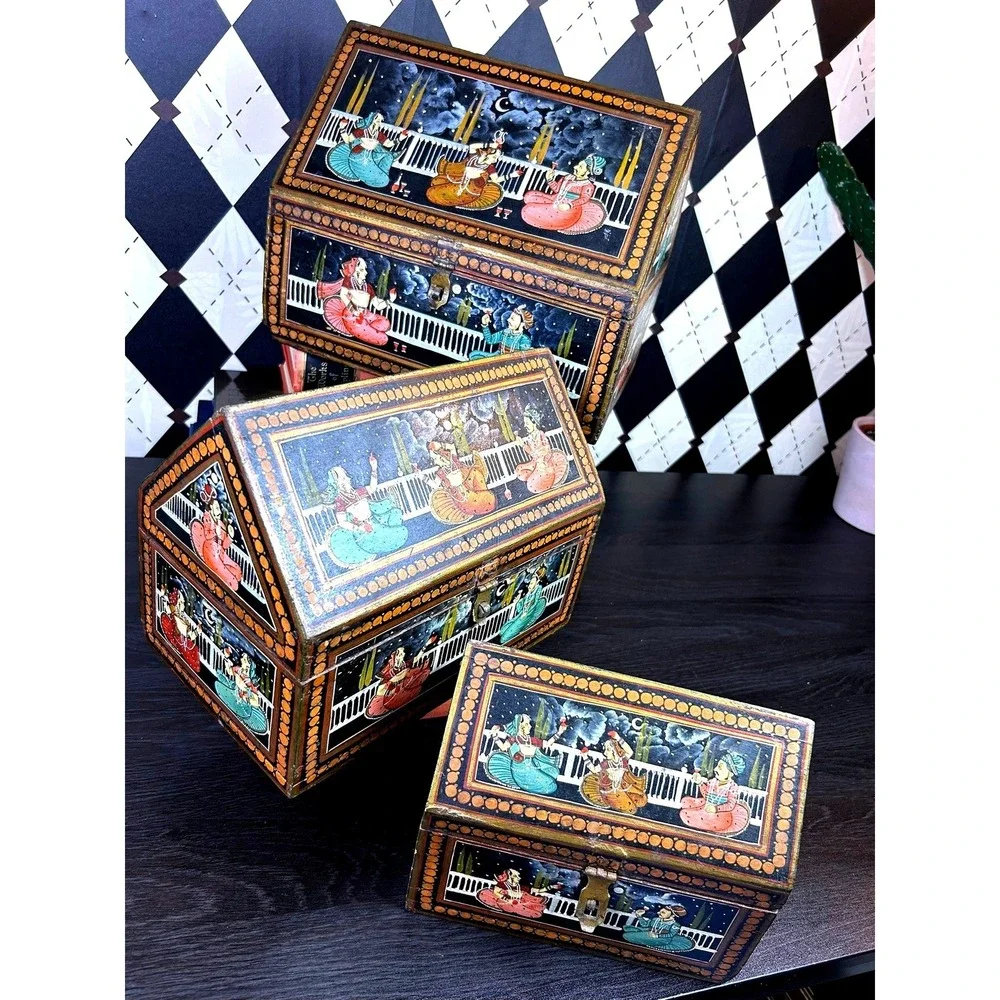 Vintage Indian Hand Painted Nesting Wooden Box Set of 3 Folk Art Storage Chests